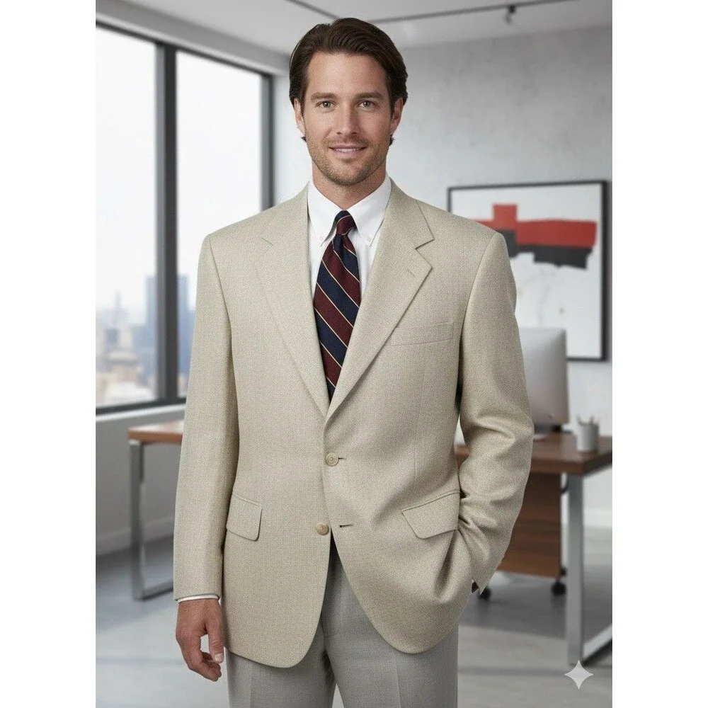 Hardy Amies London 100% Silk Blazer Men 42S Beige Textured Sport Coat Savile Row